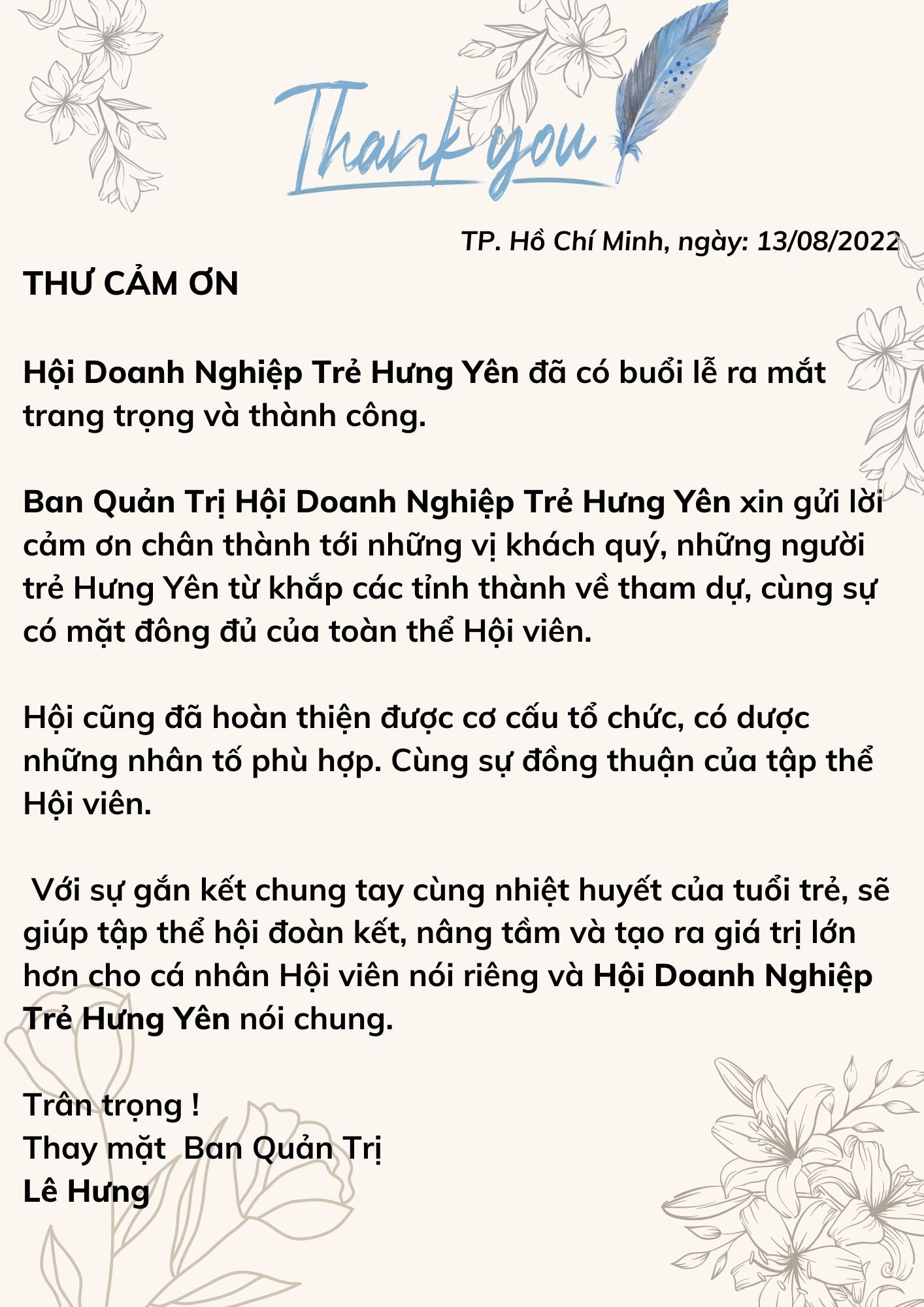 Thư cảm ơn từ ban quản trị